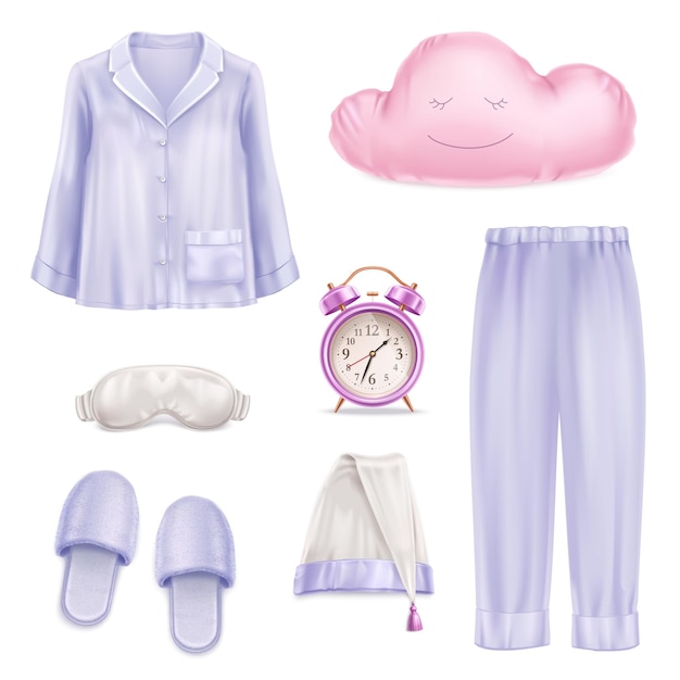 Sleep accessories set with realistic pastel color pyjamas slippers mask pillow alarm clock hat isolated on white background vector illustration