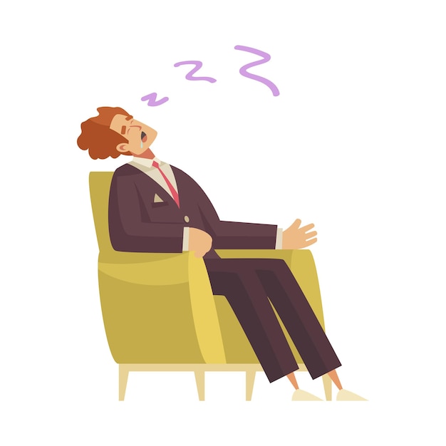 Sleep time composition with character of business worker sleeping while sitting in chair flat isolated vector illustration