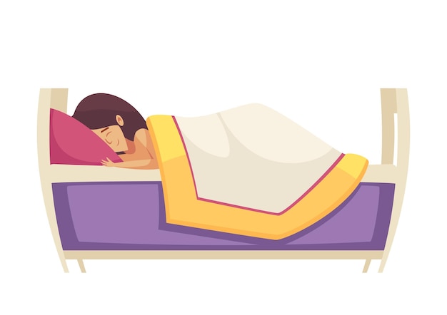 Sleep time composition with character of girl sleeping in her bed flat isolated vector illustration