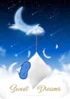 Бесплатное векторное изображение Время сна в лунной ночи реалистичный плакат с подушкой из перьев и повязкой на глазу для сна на фоне звездного неба