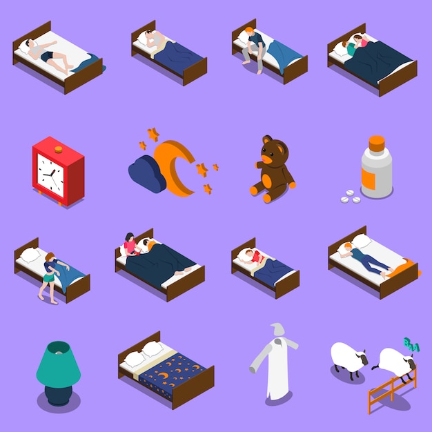 Sleep Time Isometric Icons Set