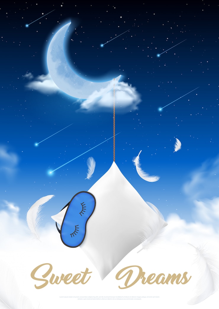 Free Vector sleep time in moon night realistic poster with feather pillow and eye patch for sleep at starry sky background  illustration