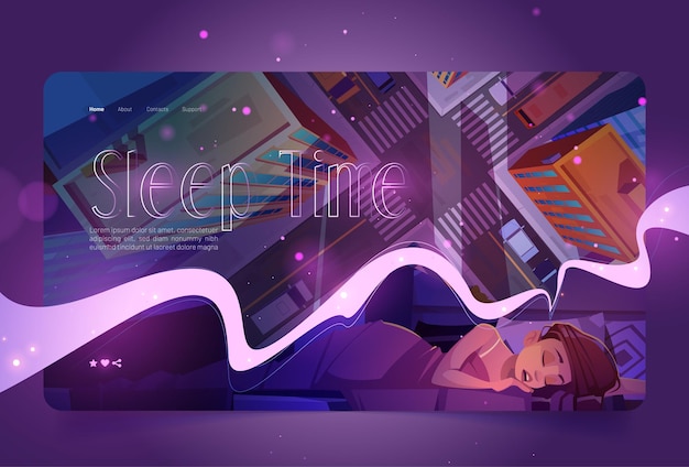 Sleep time website with woman naps and top view of city street vector landing page with cartoon illu...