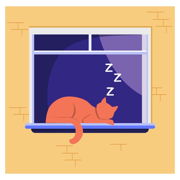 Спящая кошка, лежащая на окне. Домашнее животное, дом, кот плоские векторные иллюстрации. Домашние животные и концепция релаксации