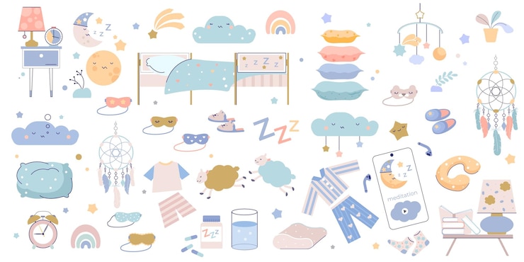 Free Vector sleeping set with flat isolated icons of bedroom furniture sleep accessories and pillows with alarm clock vector illustration