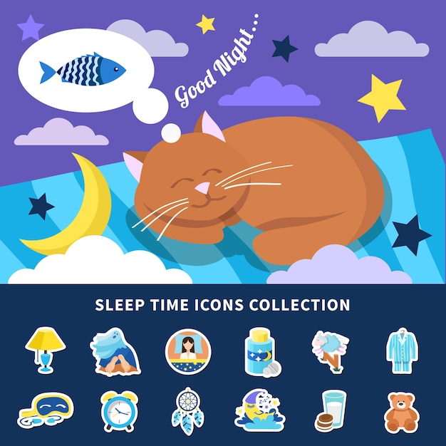 Free vector sleeping time flat icons collection with night dreaming red cat banner bedroom decorations stickers isolated