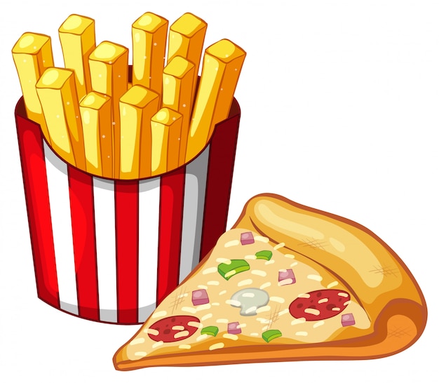 Бесплатное векторное изображение Кусочек пиццы и пакетик картофеля фри