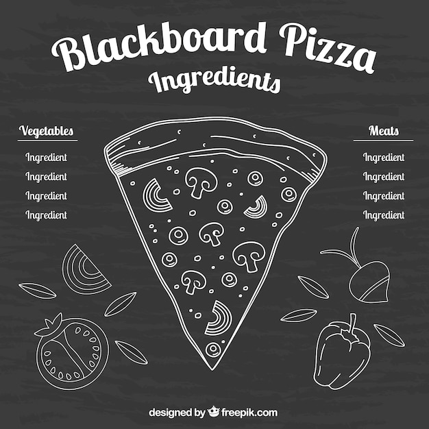 Slice of pizza on a blackboard with ingredients