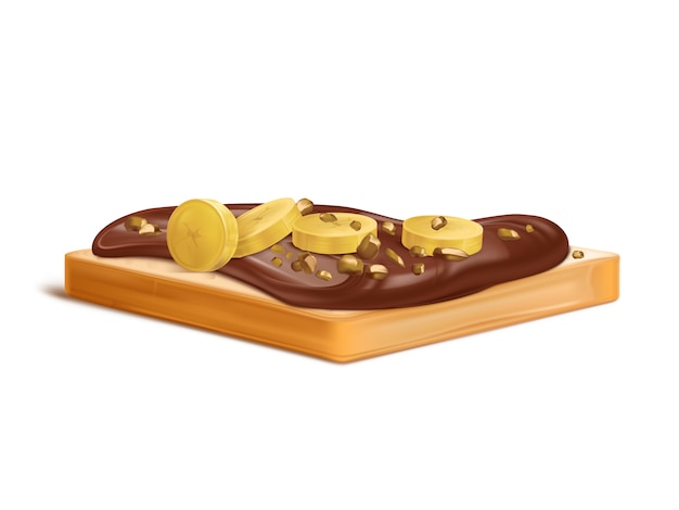 Slice of wheat bread with peanut butter, chocolate cream or nougat spread realistic with banana slices 