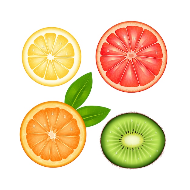 Free vector sliced fruits top view set of lemon grapefruit orange and kiwi