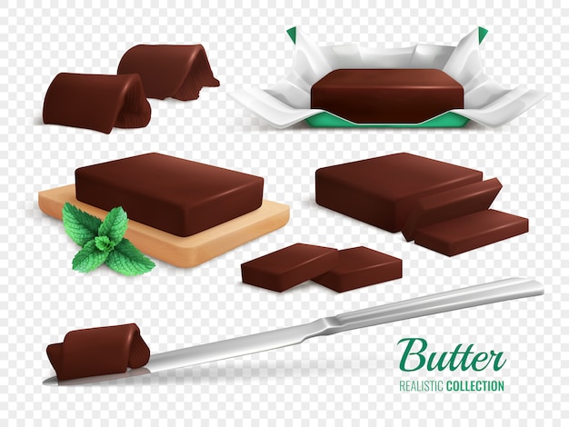 Free vector slices rolls and sticks of delicious chocolate butter realistic set illustration