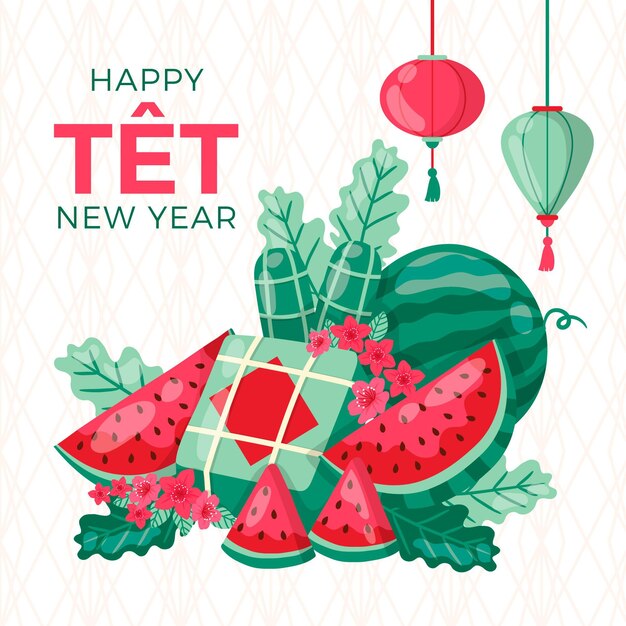 Slices of watermelon happy vietnamese new year 2021 Premium Vector