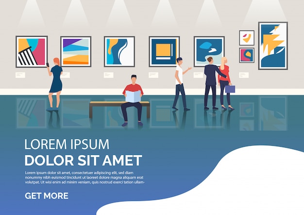 Free vector slide page with people visiting art gallery illustration