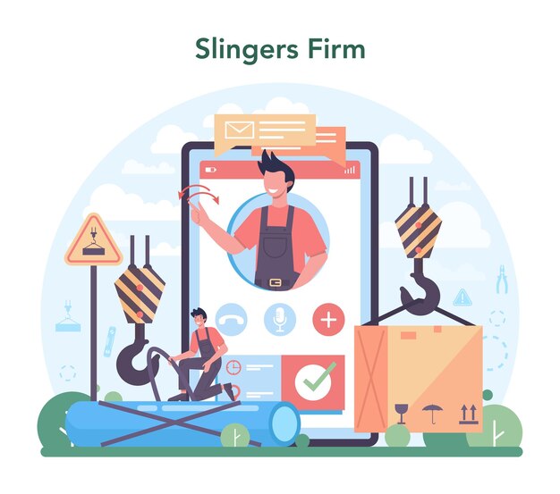 Онлайн-сервис или платформа Slinger Профессиональные работники строительной отрасли, занимающиеся строповкой товаров Веб-сайт фирмы Slinger Векторная иллюстрация