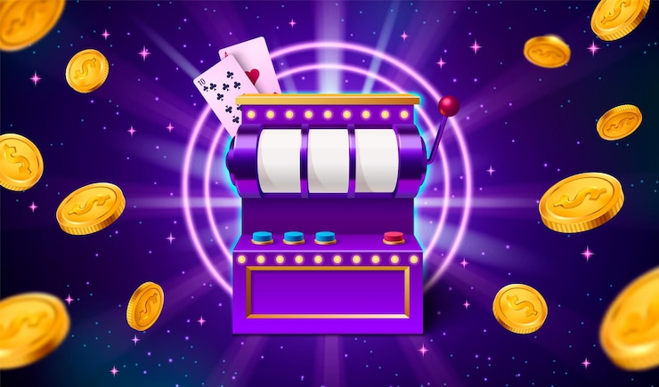 Бесплатный Вектор игровой автомат и золотые монеты, летящие на фиолетовом