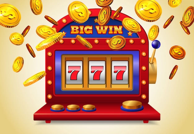 Slot machine with big win lettering and flying golden coins on yellow background.