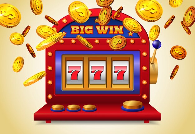 黄色の背景に大きな勝利レタリングと黄金のコインを飛ぶスロットマシン。