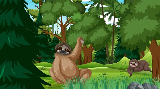 Sloth in forest at daytime scene with many trees