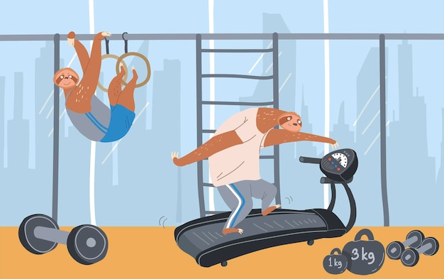 Sloth laziness concept flat composition with indoor view of gym with window cityscape and practicing characters vector illustration