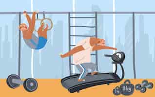 Free vector sloth laziness concept flat composition with indoor view of gym with window cityscape and practicing characters vector illustration