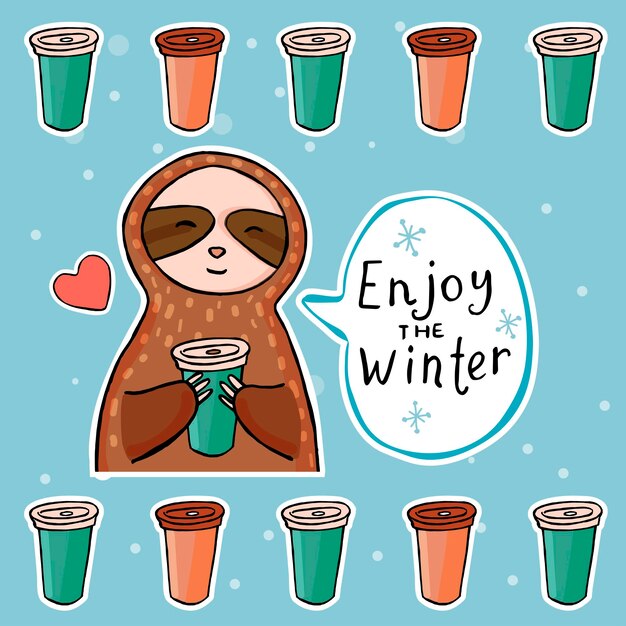 Sloth with cup of cofe. enjoy the winter. the pattern of coffee cups. vector. eps 10