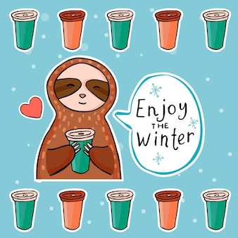 Sloth with cup of cofe. enjoy the winter. the pattern of coffee cups. vector. eps 10