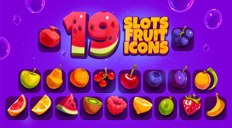 Free Vector slots fruit and berries icons strawberry plum peach orange apple and watermelon vector cartoon set of game food symbols raspberry banana grapefruit currant and cherry