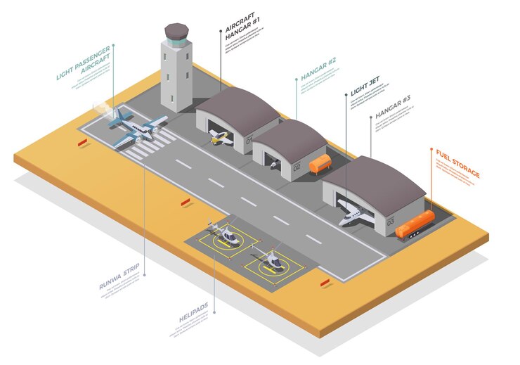 Free Vector small air transport hangars and take off strip isometric illustration