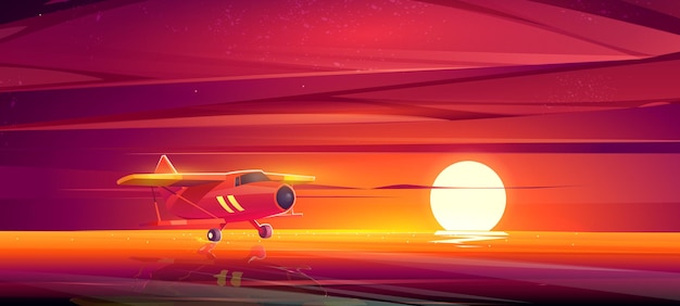 日没の海の漫画の風景の小さな飛行機