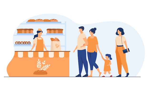 Бесплатное векторное изображение Небольшой магазин хлеба интерьер плоский векторные иллюстрации. мультфильм женщина и мужчина, покупая закуски в магазине и стоя в очереди. концепция магазина бизнеса, продуктов питания и пекарни