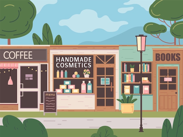 Бесплатное векторное изображение Фасады малого бизнеса в плоском стиле с кофейной косметикой ручной работы и векторной иллюстрацией книжных магазинов