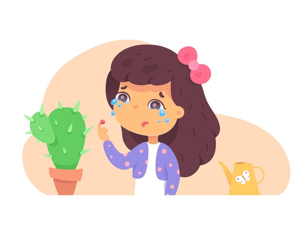 Small girl touching cactus and crying sad kid hurt finger pricking thorn Crying with tears from pain blood on injured skin cute child with plant in pot