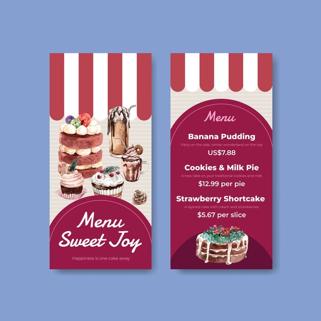 Small menu template set with winter sweets in watercolor style
