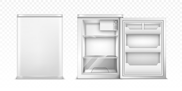 Маленький холодильник с открытой и закрытой дверью