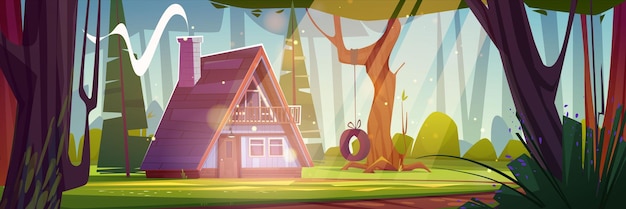 Free vector small wooden house on glade in spring forest