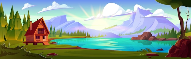 Free vector small wooden house on stilts on bank of lake in forest with rocky mountains and blue sunny sky with clouds cartoon vector natural landscape with hills on horizon trees and firs and cozy cottage