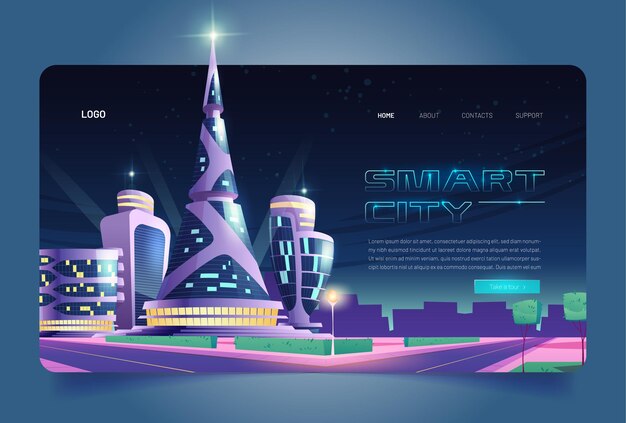 Smart city cartoon landing page futuristic glass buildings of unusual shapes along empty road at night