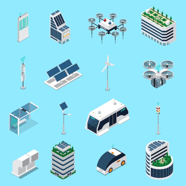 Smart city isometric icons set with transport and solar power symbols isolated illustration