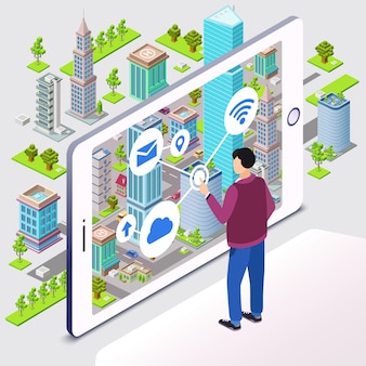 Città intelligente. utente uomo e smartphone con infrastruttura residenziale smart city