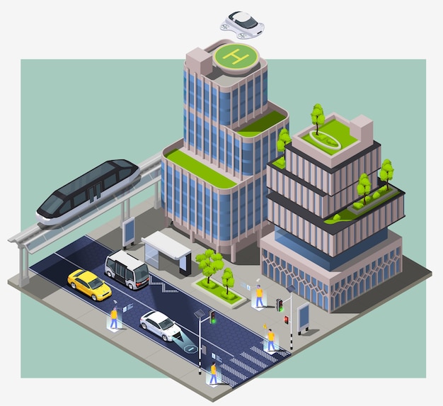 Free vector smart city technologies isometric composition with image of city block with remote vehicles buildings and people illustration