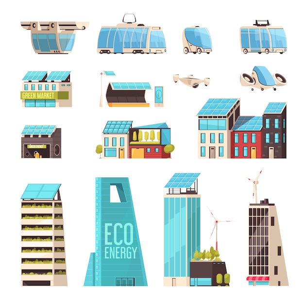 Бесплатное векторное изображение Умный город, технологическая инфраструктура, интеллектуальная транспортная система, эко-энергоэффективные объекты энергетики, набор плоских элементов