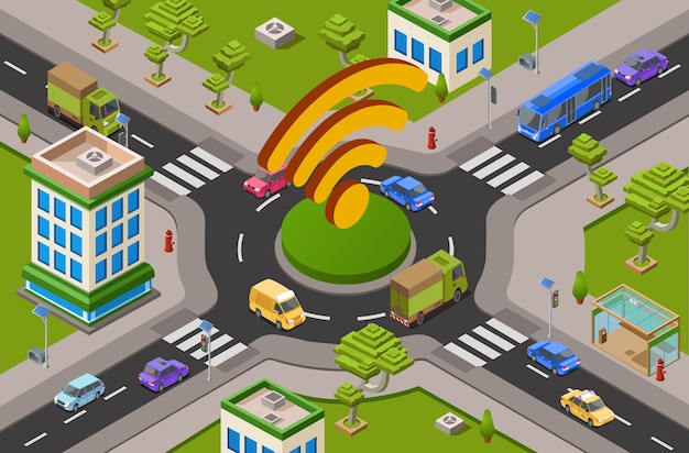 Smart city transport and wifi technology 3d illustration of urban traffic crossroad