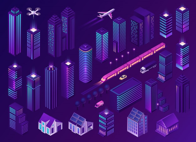 Free vector smart city with modern buildings and transport