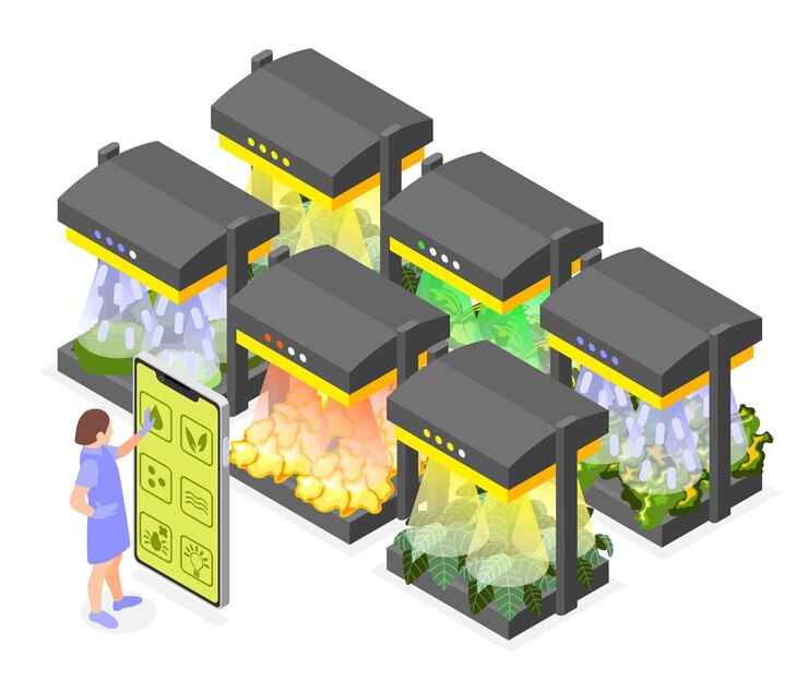 Free Vector smart farming isometric illustration with woman using remotely digital  control for growing food of future vector illustration