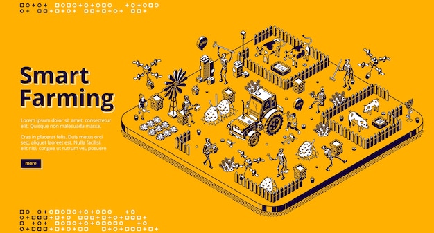 로봇과 농장이나 들판에서 일하는 사람들, 소에게 먹이를주는 사이보그, 수확하는 스마트 농업 아이소 메트릭 랜딩 페이지. 자동화 된 마을 농업, 축산 3d 라인 아트 웹 배너