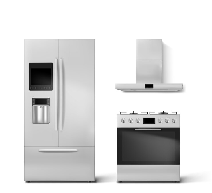 Free Vector smart fridge, gas oven and hood kitchen appliances