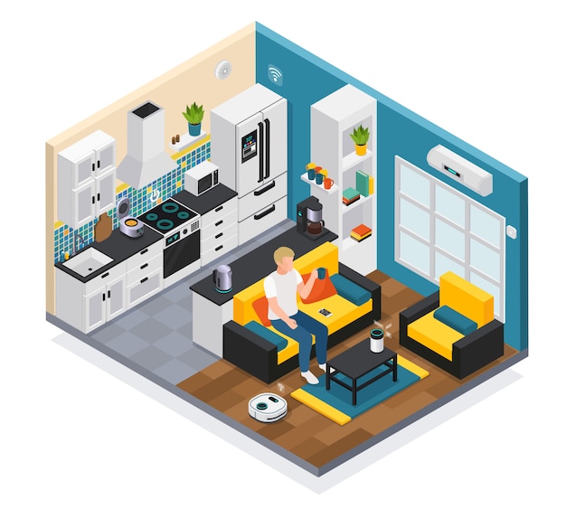 Smart home interior isometric composition with iot internet of things remote controlled kitchen living room devices  illustration