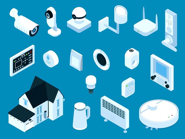 Smart home security system heating cleaning kitchen appliances lighting doorbell master panel isometric set isolated vector illustration