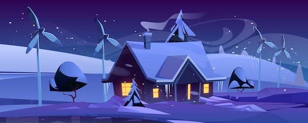 Smart house with wind turbines at winter night,eco friendly home in snowy forest