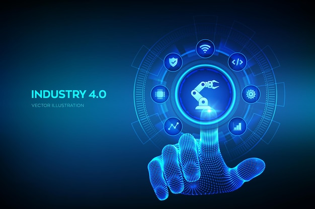 Smart industry 4.0 illustration. factory automation industrial revolutions steps robotic hand touching digital interface